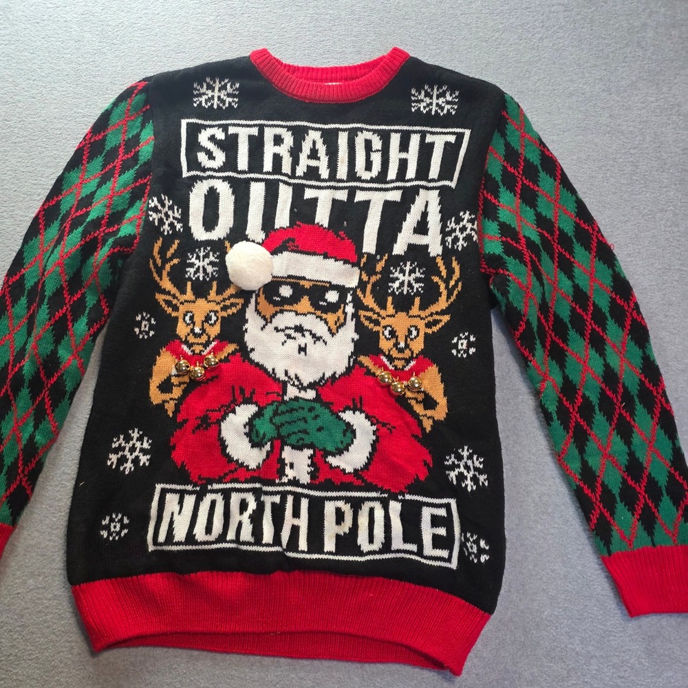 Holiday Time Christmas Sweater Mens L Ugly Straight Outta North Pole Santa 3D